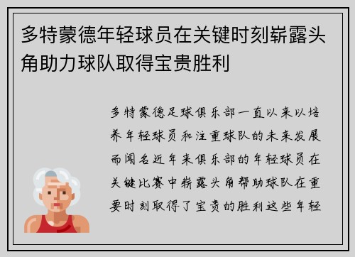 多特蒙德年轻球员在关键时刻崭露头角助力球队取得宝贵胜利